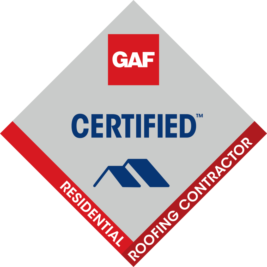 GAF Certified residential roofing contractor badge with red, blue, and gray diamond design