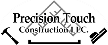 Precision Touch Construction LLC logo with black text and hammer, trowel, and tools icons on white background
