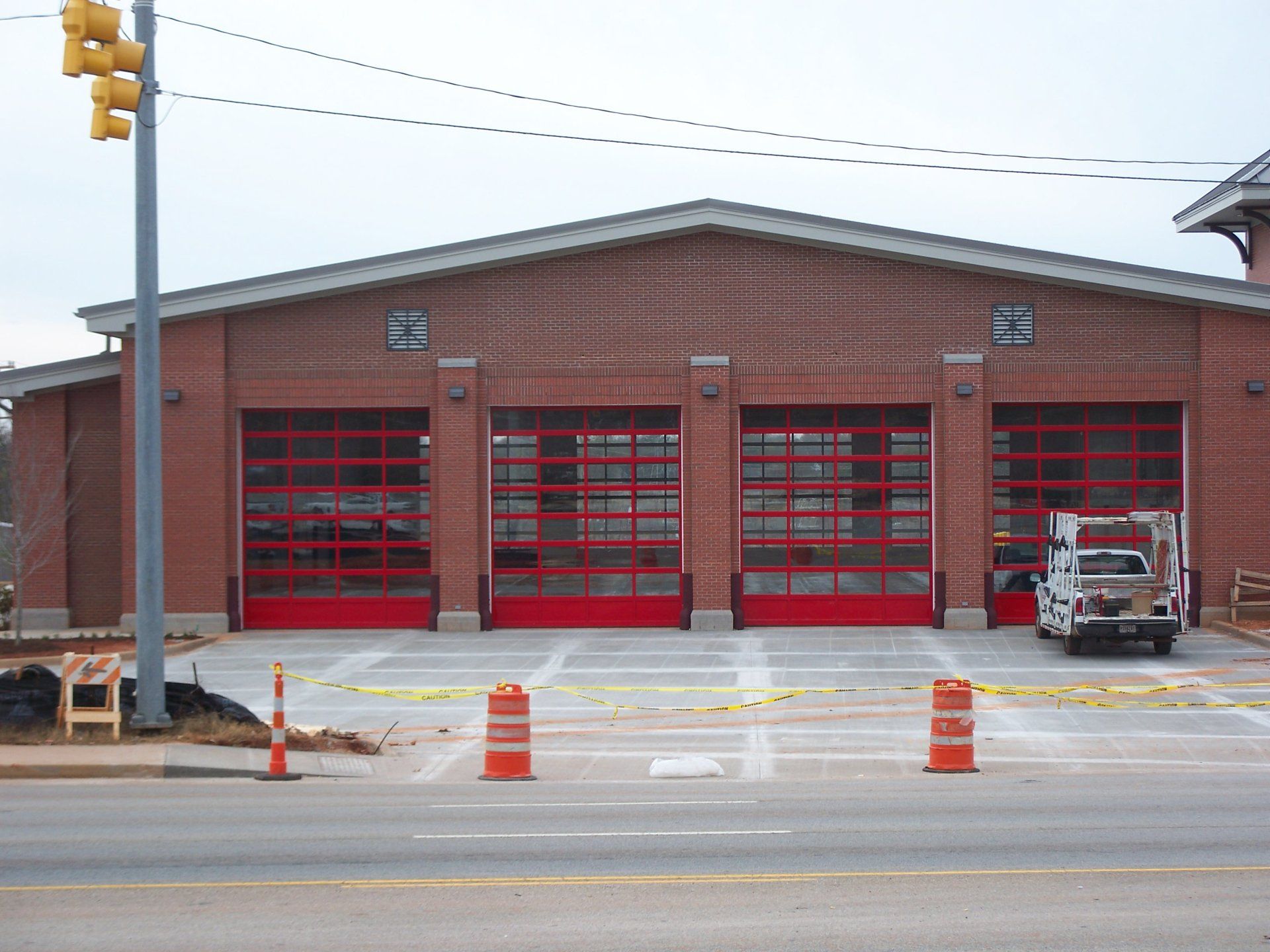 Overhead doors with red frames