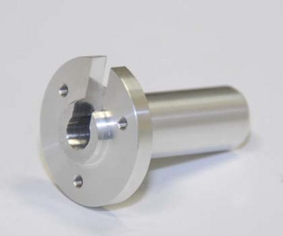 Silver metal machined flange with central threaded hole and two mounting holes on a white background