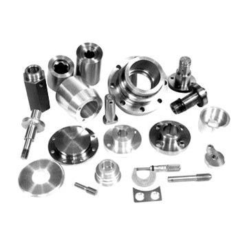 Assorted shiny metal machined parts and fittings arranged on a white background