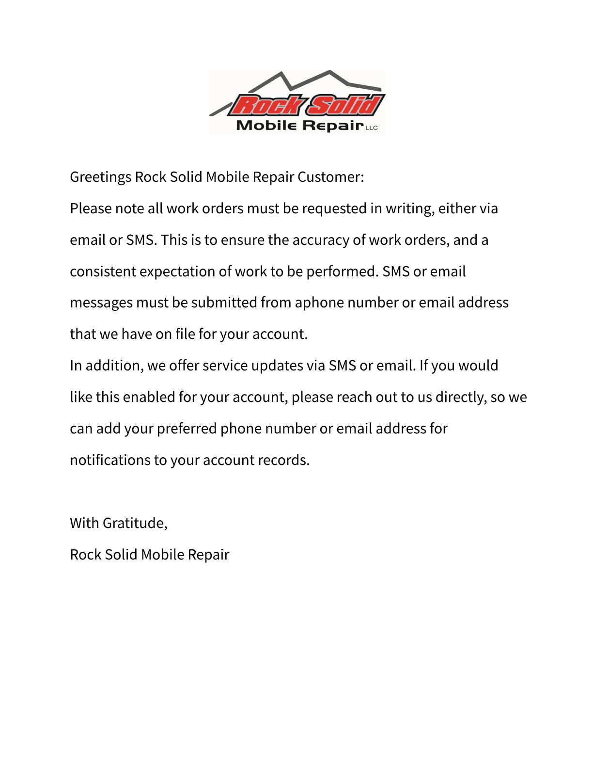 A letter from a mobile repair company to a customer.