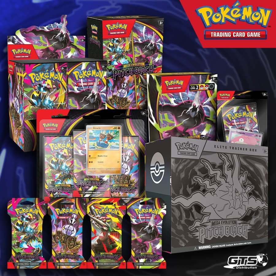 Pokémon Trading Card Game product display with multiple Booster boxes, packs, and a black Elite Trainer Box.