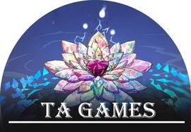 A crystal lotus flower glows with light against a dark blue background, above the text "TA GAMES" on a horizontal line.