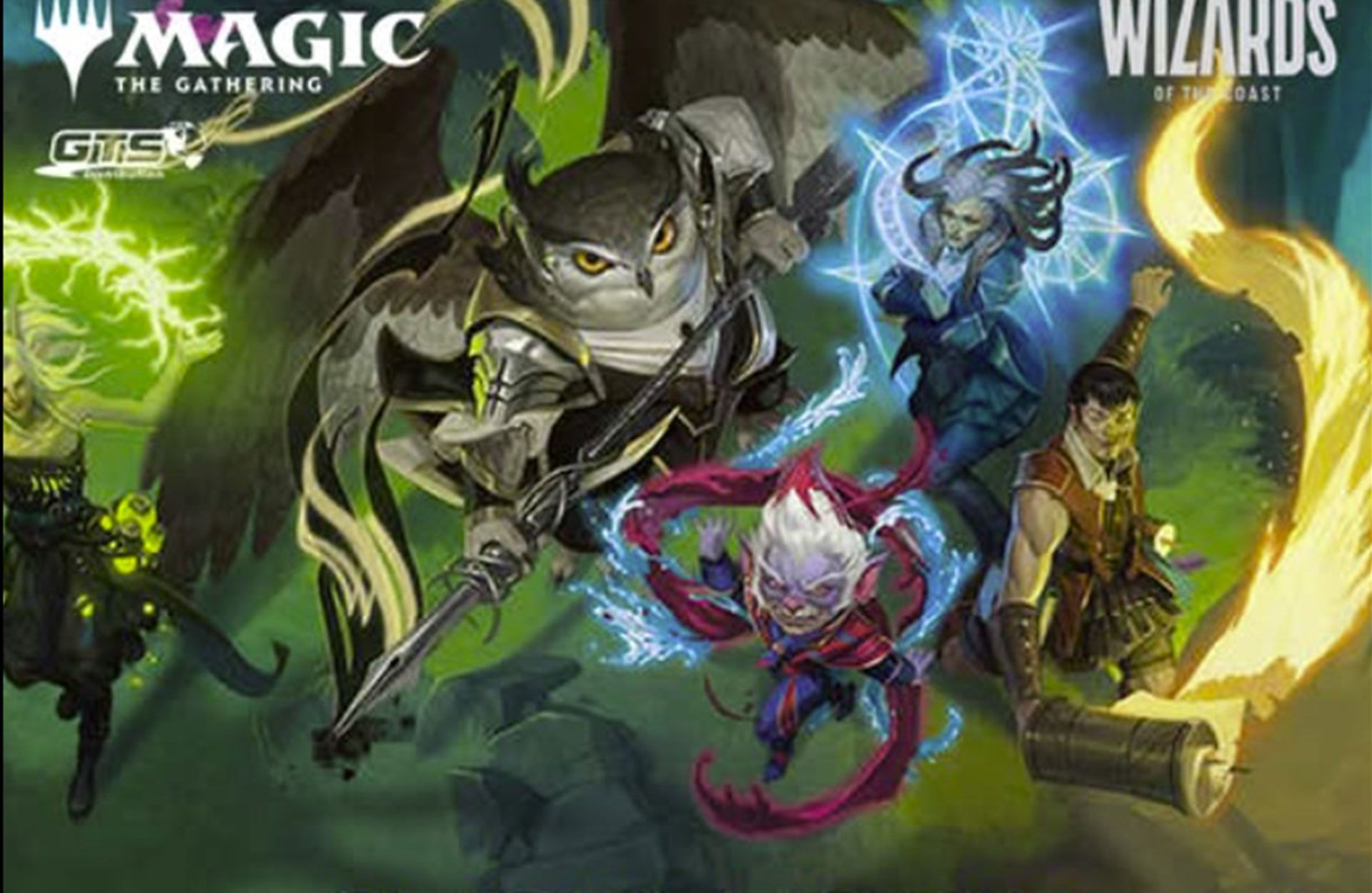 Magic: The Gathering artwork with four fantasy characters leaping through a glowing green and blue magical scene