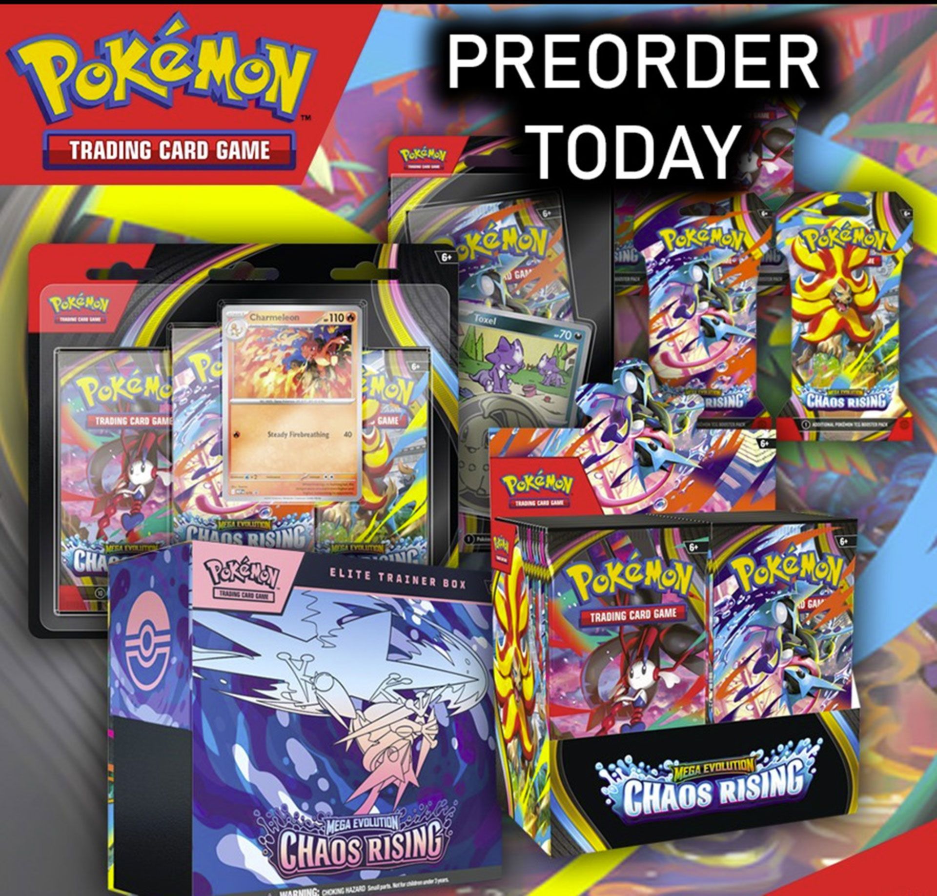 Pokémon Trading Card Game preorder ad with Chaos Rising booster boxes and boxed sets on a colorful background