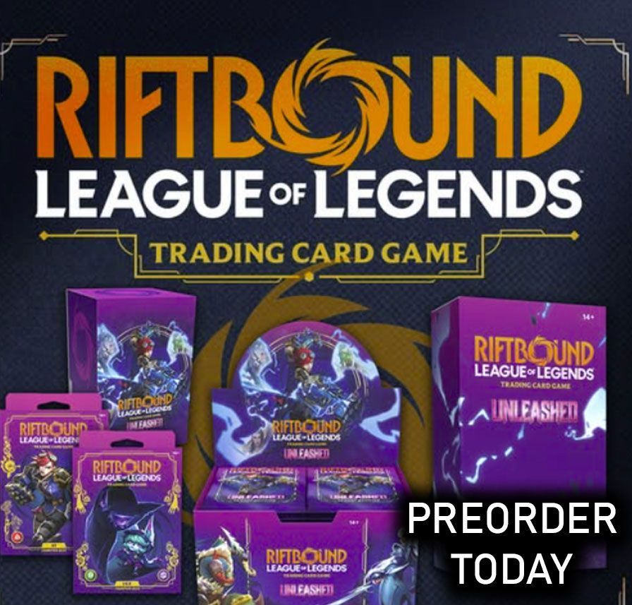 Riftbound League of Legends trading card game preorder ad with purple card packs and “Preorder Today” text
