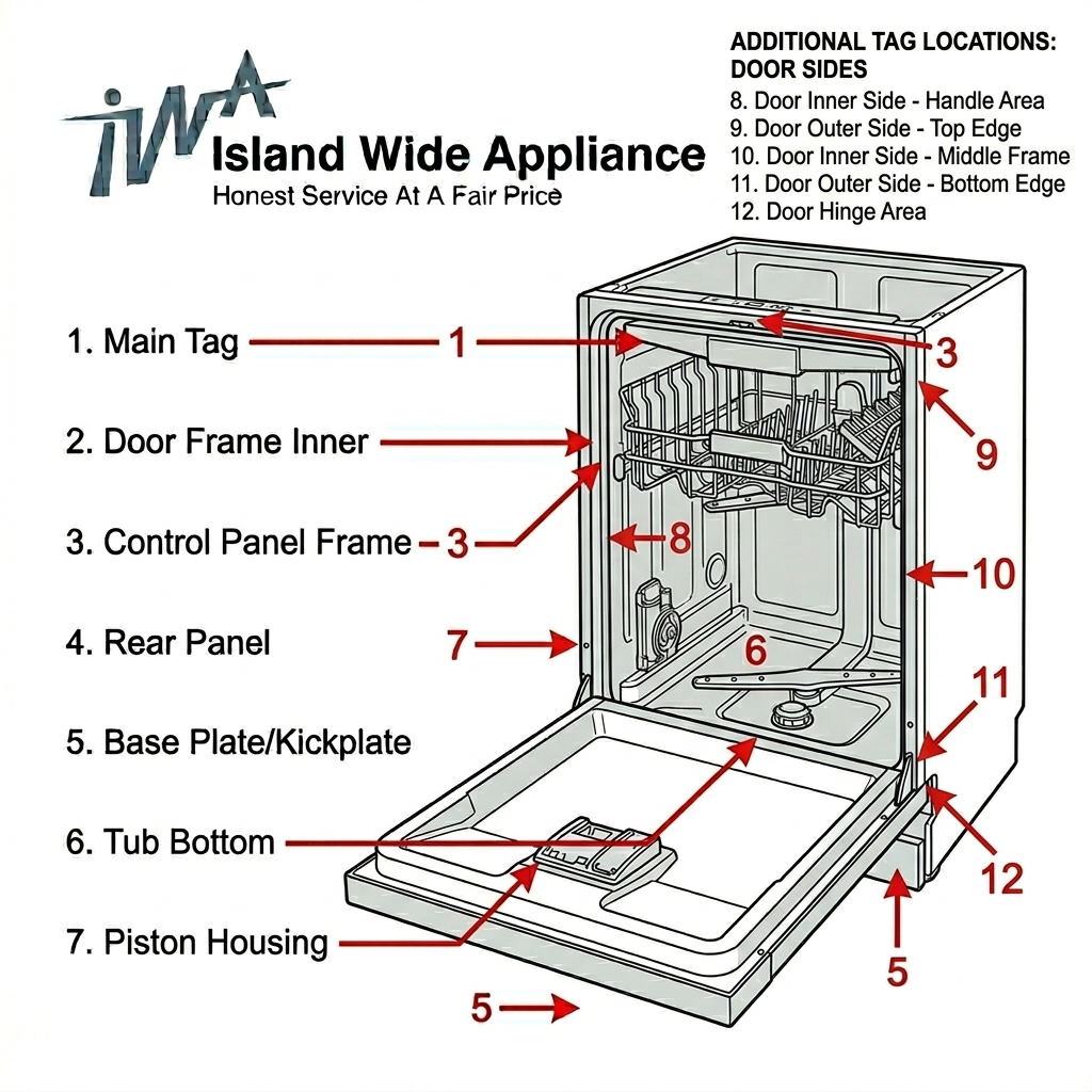 Diagram illustrating 12 potential locations for a dishwasher's identification tag, labeled with numbered arrows.