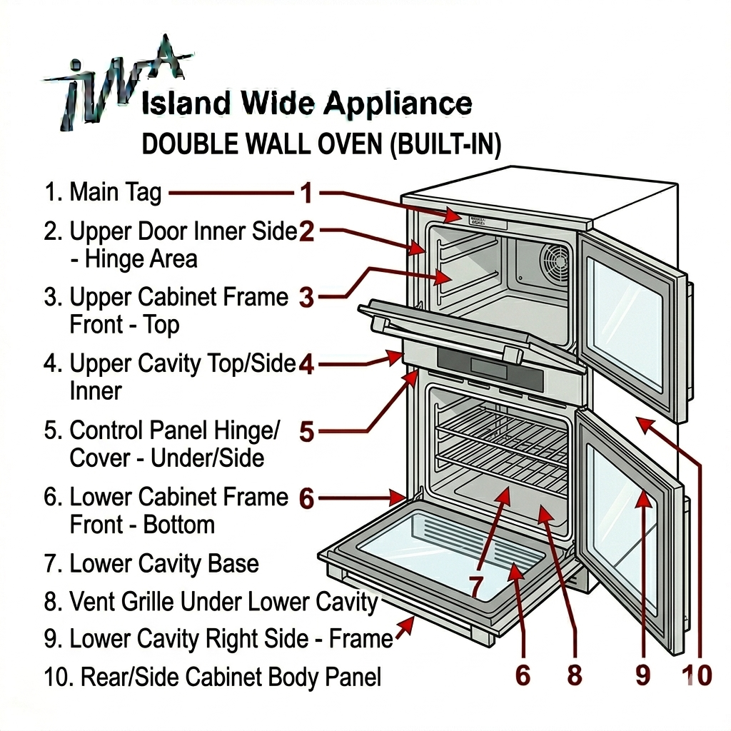 A diagram of a double wall oven with numbered labels identifying its various parts, such as doors, frames, and cavities.