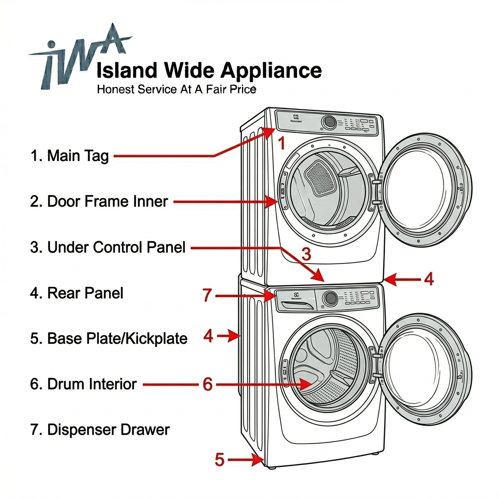 Diagram showing common locations for appliance model number tags on a stacked washer and dryer unit.
