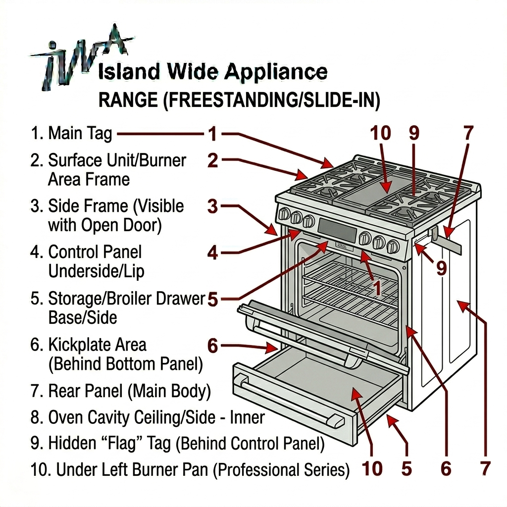 Diagram showing locations of model and serial number tags on a freestanding or slide-in kitchen range.