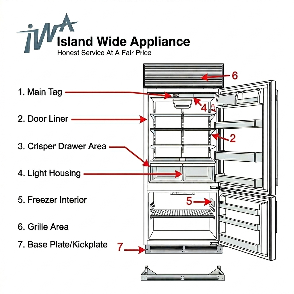 Diagram of a refrigerator with numbered parts from 1 to 7, including labels like Main Tag, Door Liner, and Grille Area.
