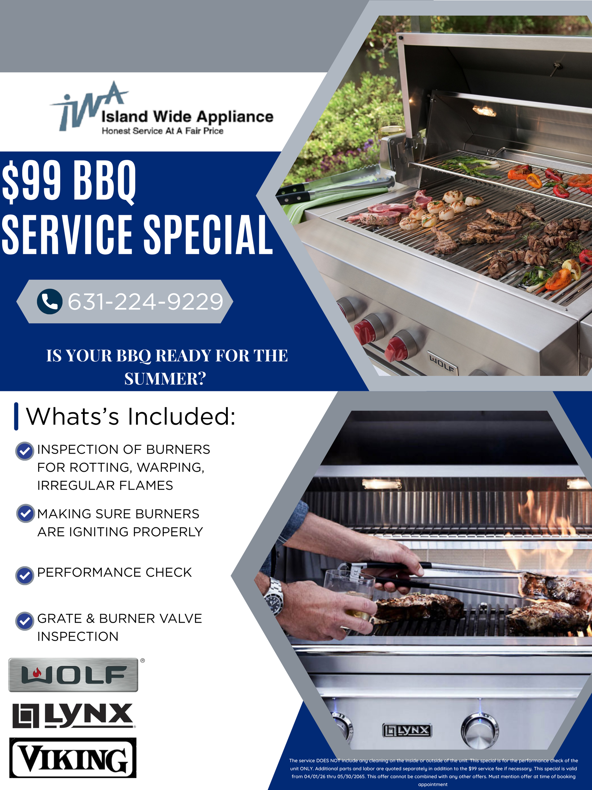 Flyer for Island Wide Appliance $99 BBQ service special, featuring images of grills, contact info, and brand logos.