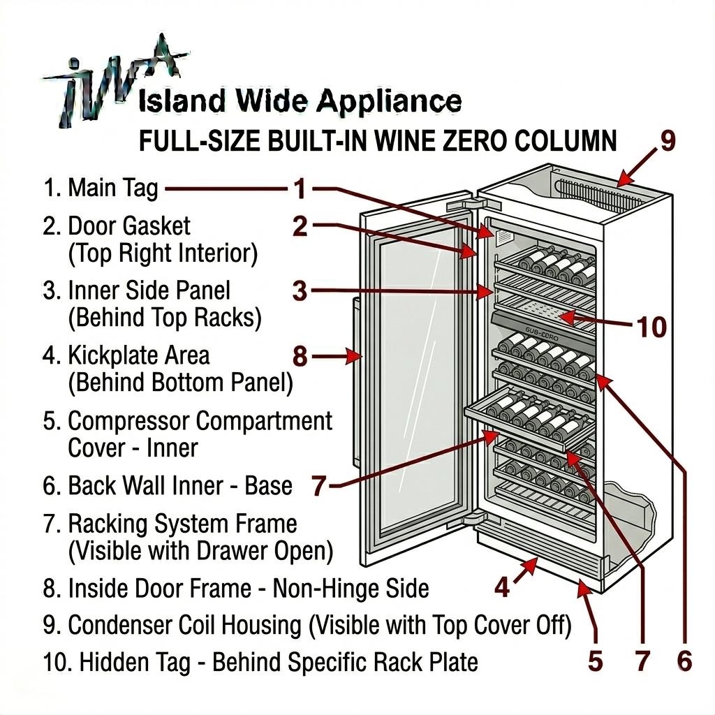 Diagram showing ten locations for serial number tags on a full-size built-in wine column, with labels for each area.