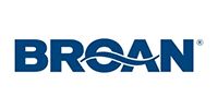 The dark blue logo of the Broan company featuring a stylized wave inside the letter O.
