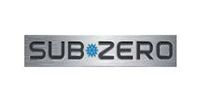 The Sub-Zero logo with dark grey text and a blue snowflake icon on a metallic rectangular background.