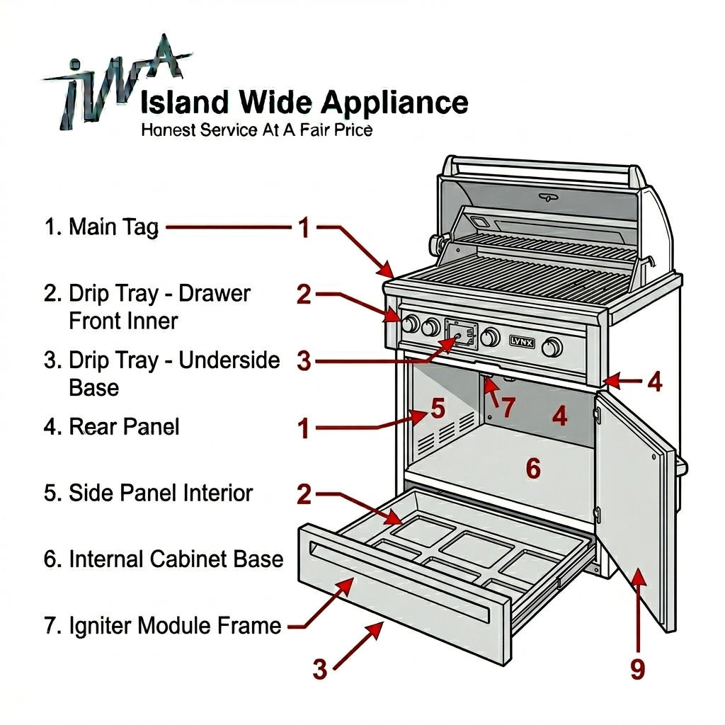 Diagram of a grill cabinet with numbered parts for identification, including panels, a drip tray, and a drawer.