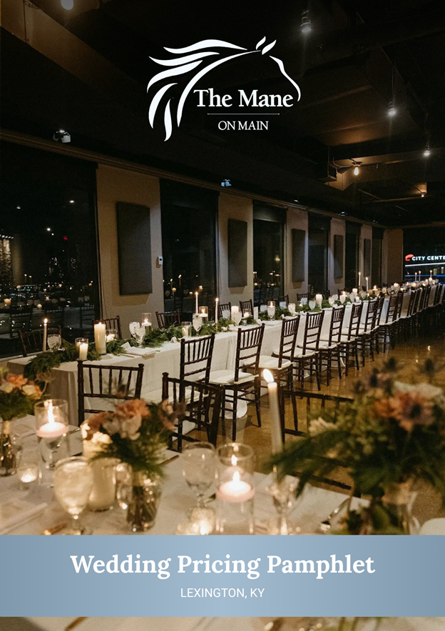 A dimly lit event space set for a formal dinner with a logo for 'The Mane on Main' and the text 'Wedding Pricing Pamphlet.'