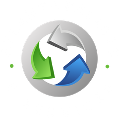 Recycling symbol with arrows circling a globe, black and white icon