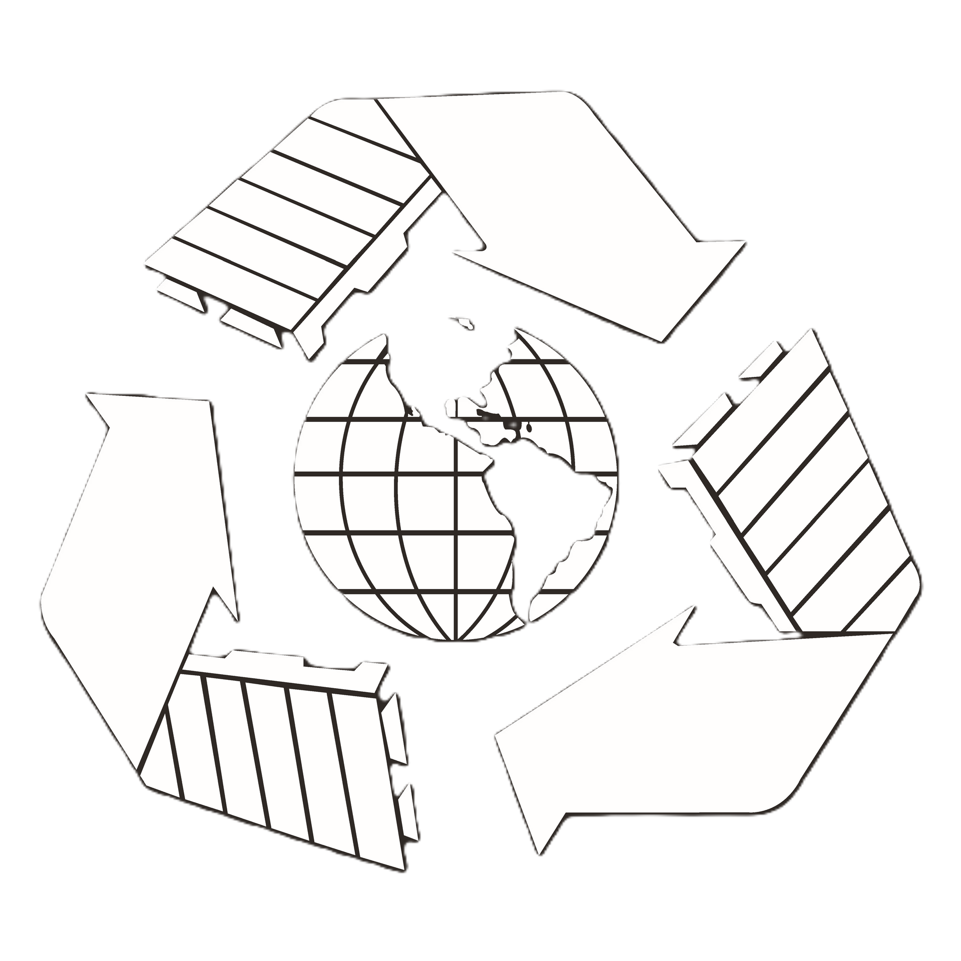 Recycling symbol with arrows circling a globe, black and white icon