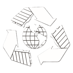 Recycling symbol with arrows circling a globe, black and white icon