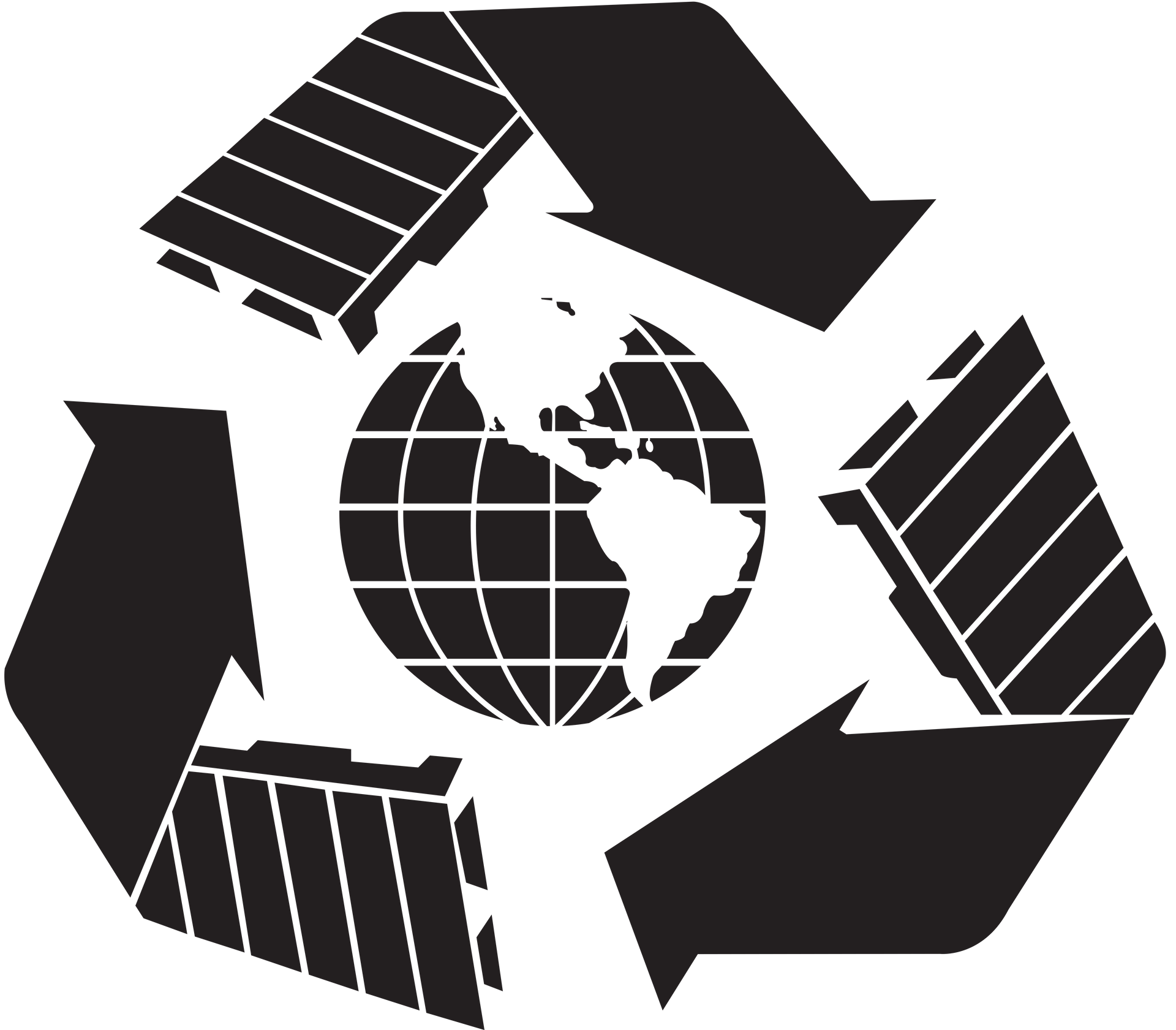 Recycling symbol with arrows circling a globe, black and white icon