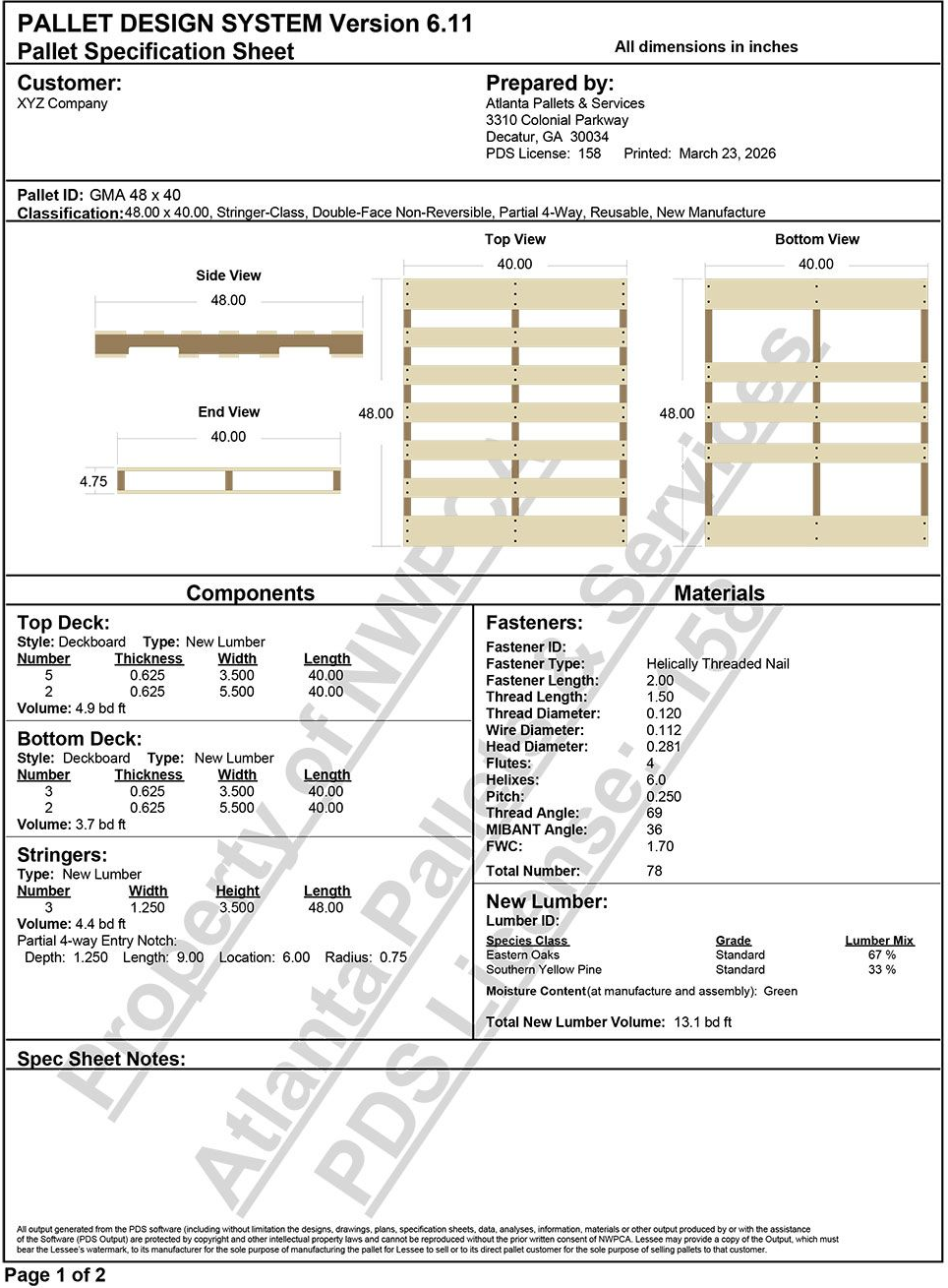 PALLET DESIGN SYSTEM Version 6.11
Pallet Specification Sheet - Page 1