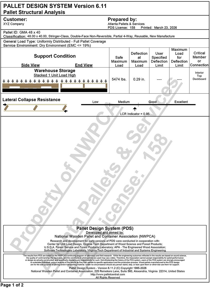 PALLET DESIGN SYSTEM Version 6.11
Pallet Structural Analysis - Page 1