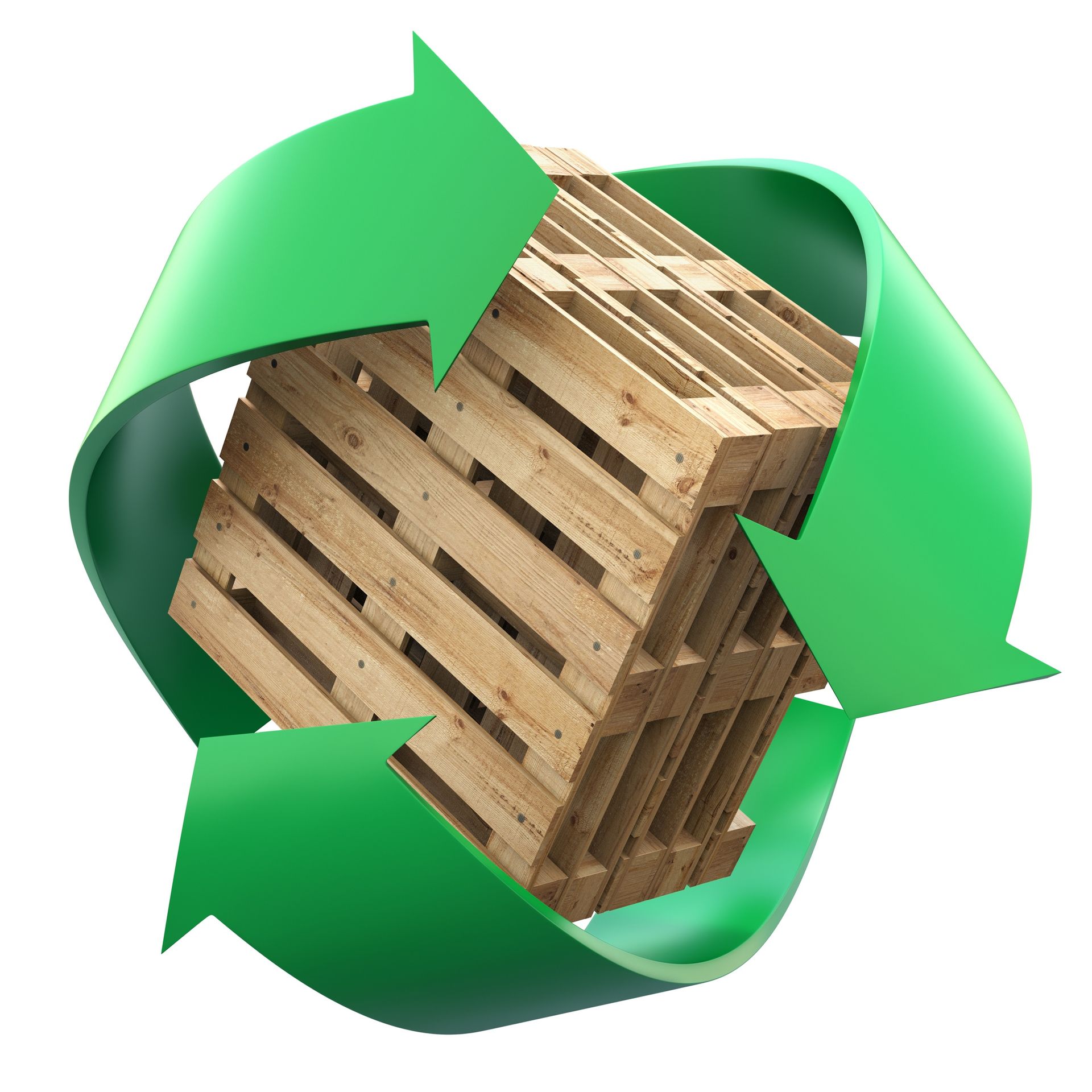 Green recycling arrows around a wooden pallet box
