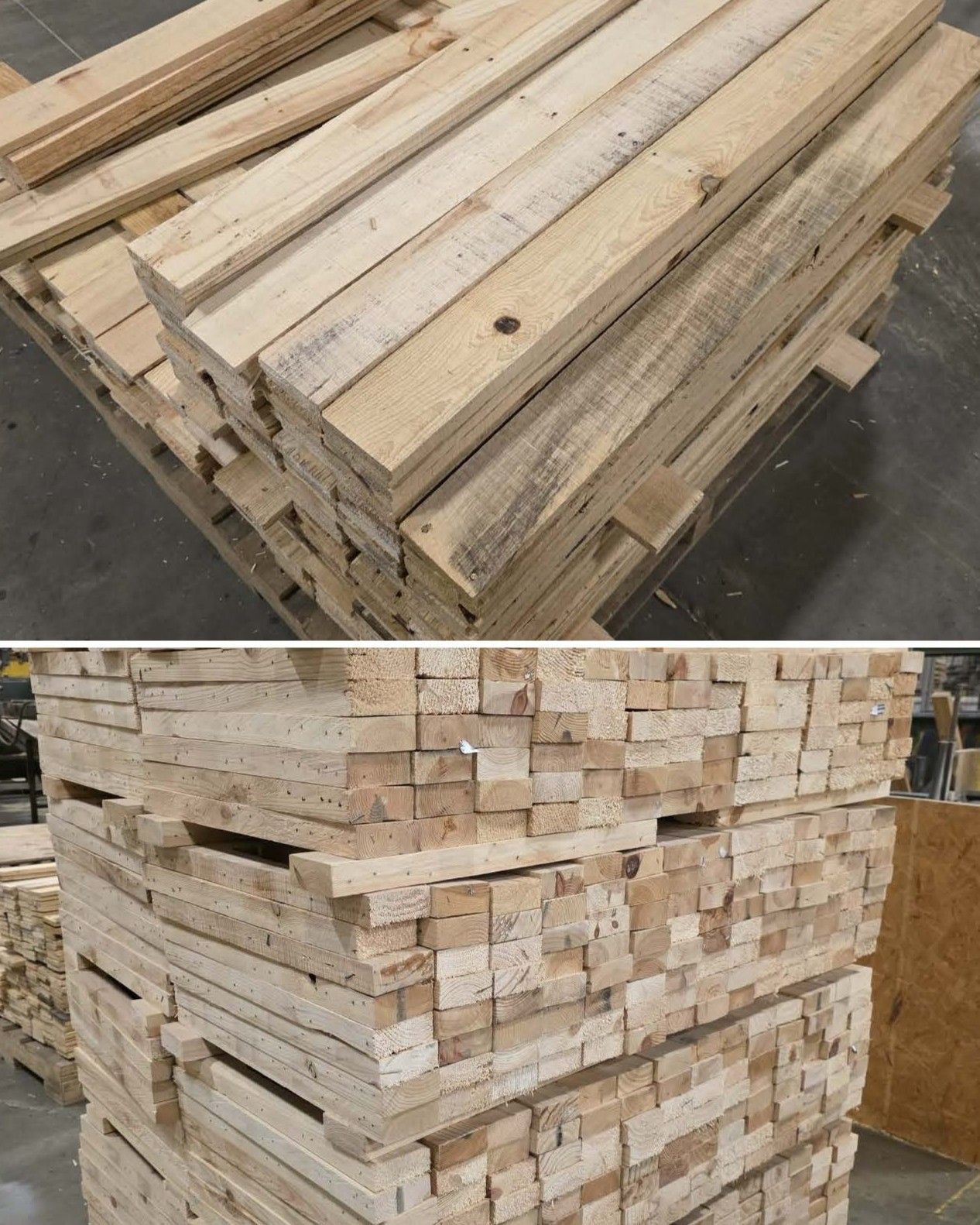 Stacks of pale wooden planks piled in a warehouse, shown from two angles.