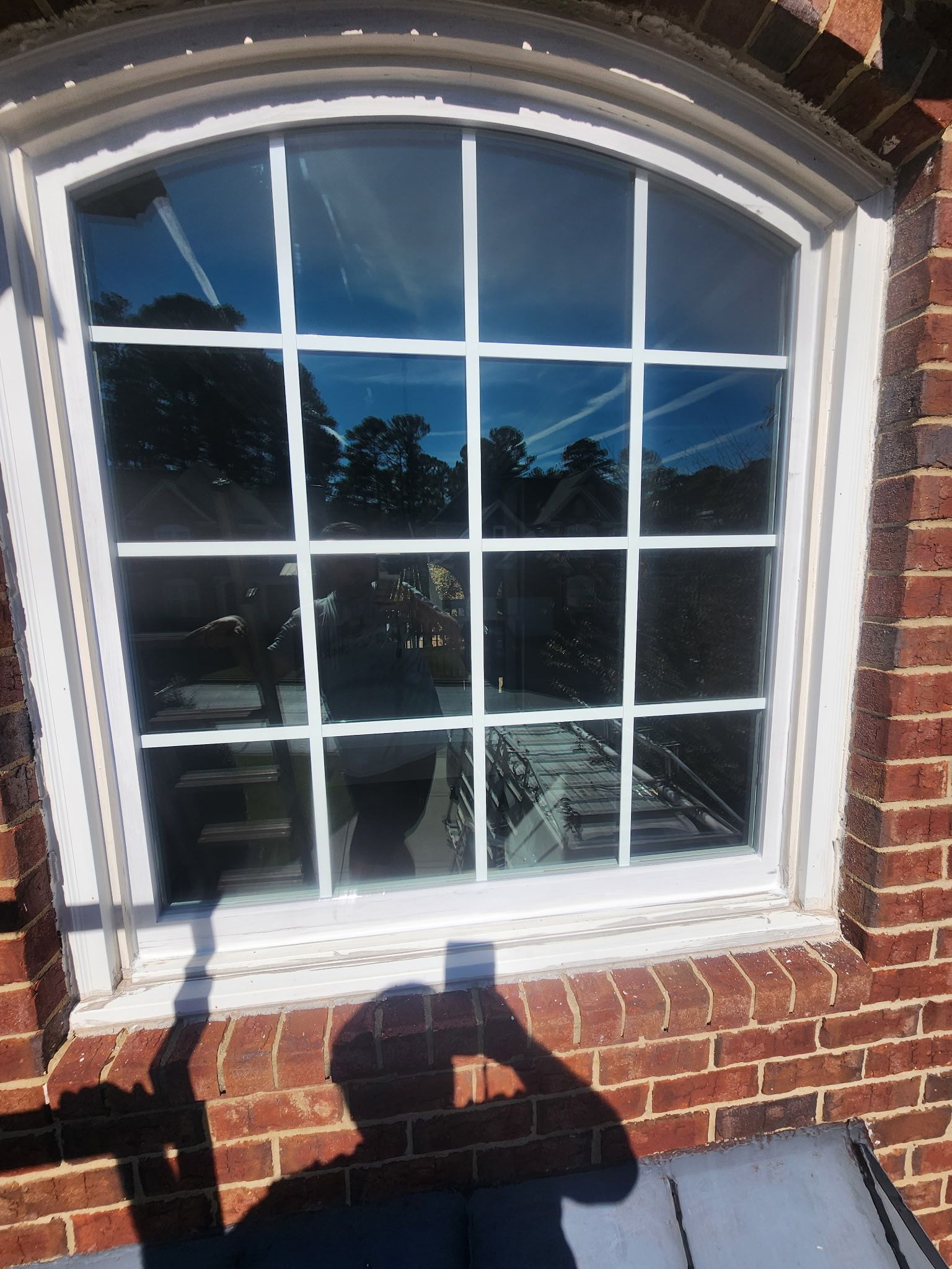 Window with white grid, arched top, set in brick wall; reflection of trees and sky. Person's shadow taking photo.
