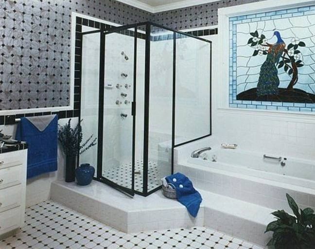 Bathroom with shower, tile floor, jacuzzi tub, peacock stained glass window.