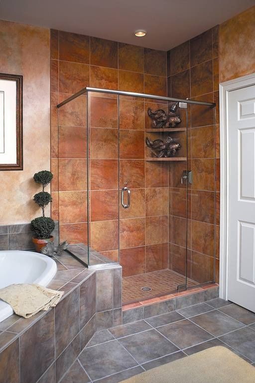 Bathroom with large reddish-brown tiled shower. Glass door, built-in shelves, and a white door are visible.