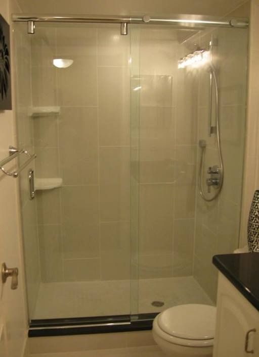 Shower with sliding glass doors, white walls, toilet, and a black countertop.