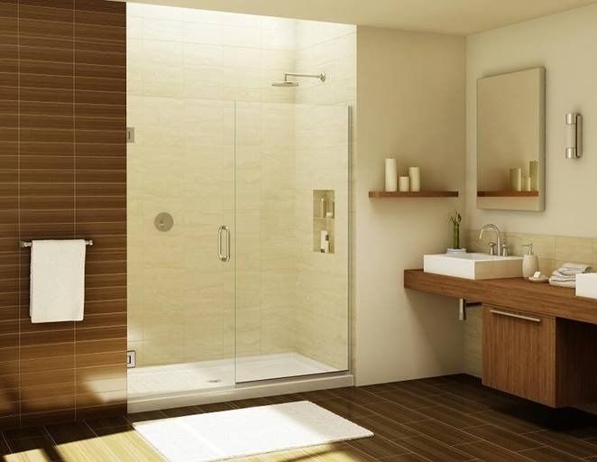 Modern bathroom with glass shower, brown tiles, wooden vanity, and white sink.