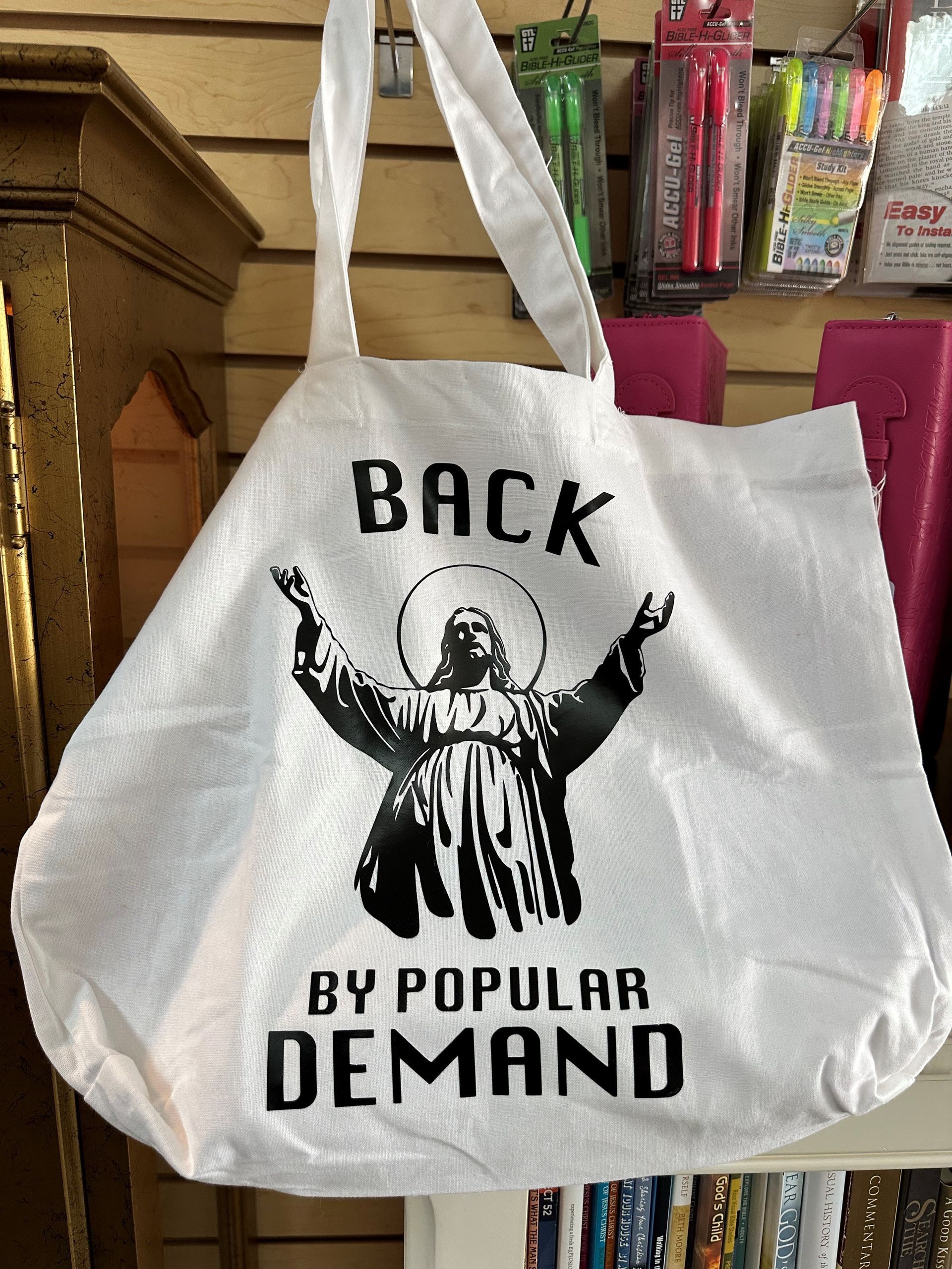 white tote bag with Jesus print