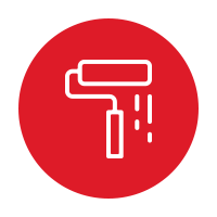 White paint roller icon dripping paint on a red background.