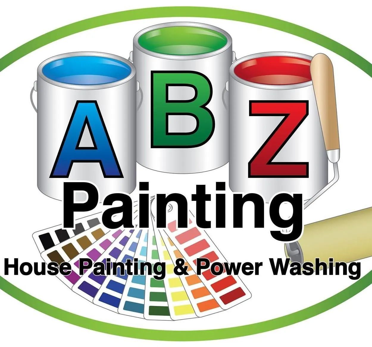 ABZ Painting logo: paint cans in blue, green, and red, color swatches, paint roller.