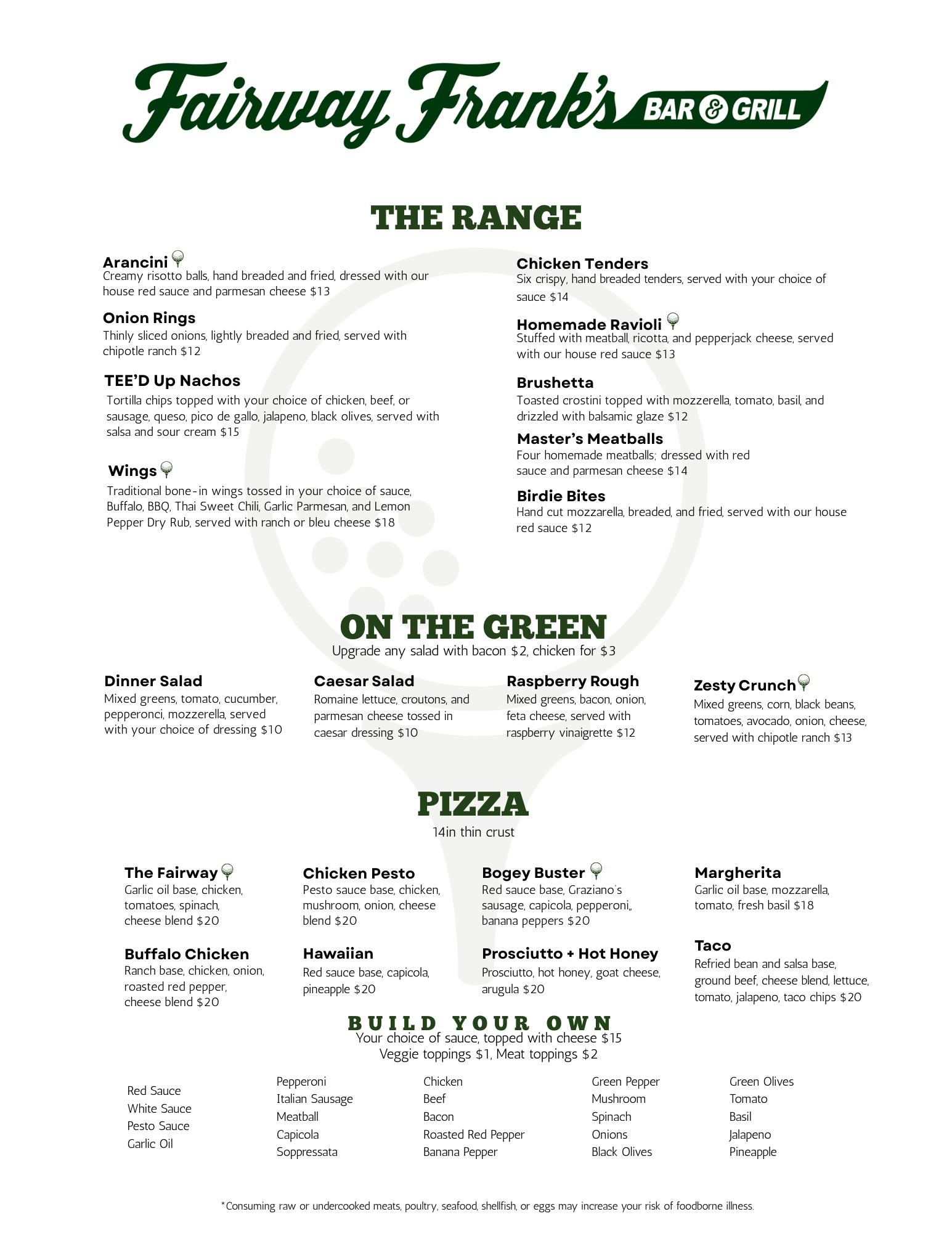 Fairway Frank's restaurant menu: appetizers, salads, pizzas, and build-your-own options.