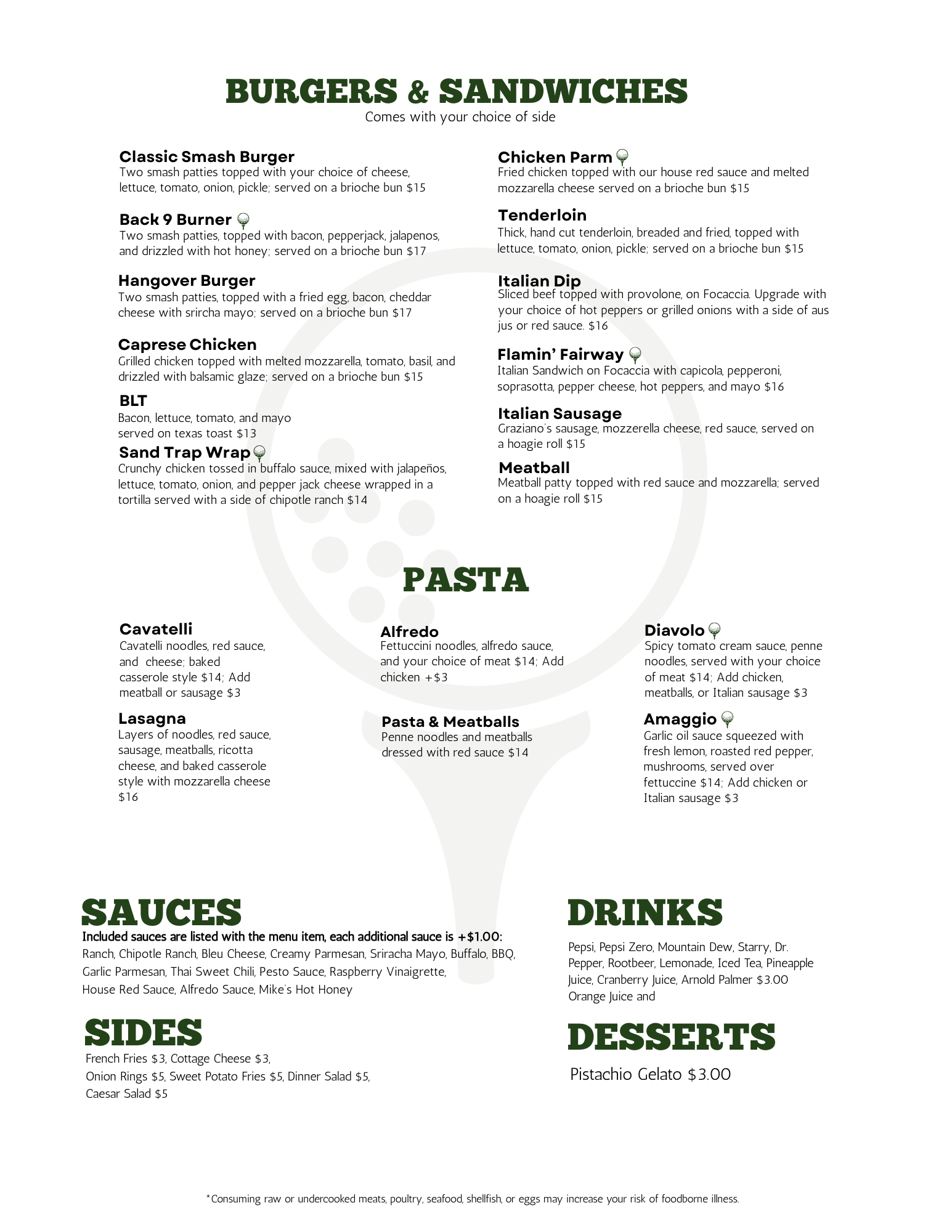 Menu for burgers, sandwiches, pasta, sauces, sides, drinks, and desserts with green text on white.