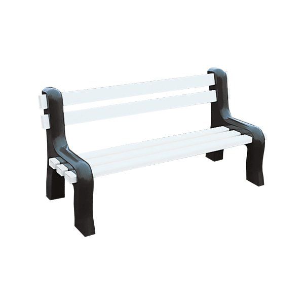 A black and white park bench on a white background.