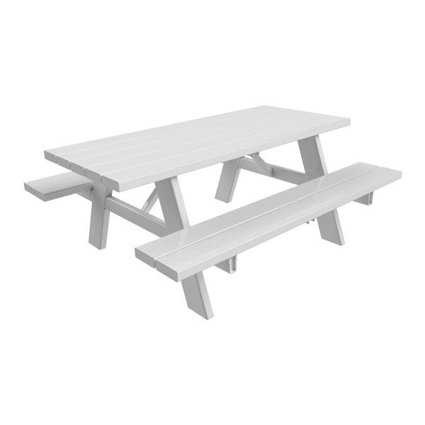 A white picnic table with two benches on a white background.