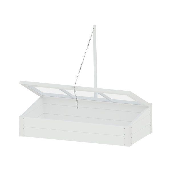 A white wooden box with the lid open and a chain hanging from it.