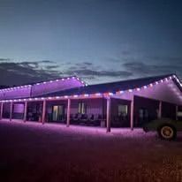 Purple-lit pavilion at dusk with glowing roofline and open-sided structure