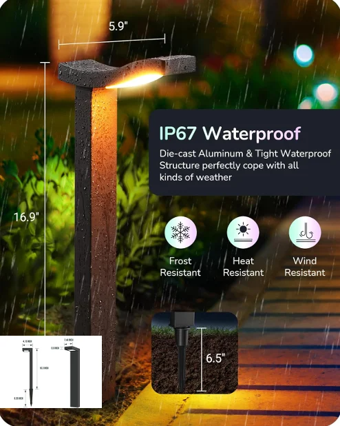 Solar garden light ad with IP67 waterproof, frost/heat/wind-resistant black lamp glowing at night