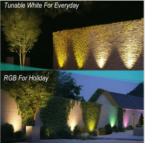 Two landscape lighting scenes on a stone wall: warm white everyday and colorful RGB holiday lighting.