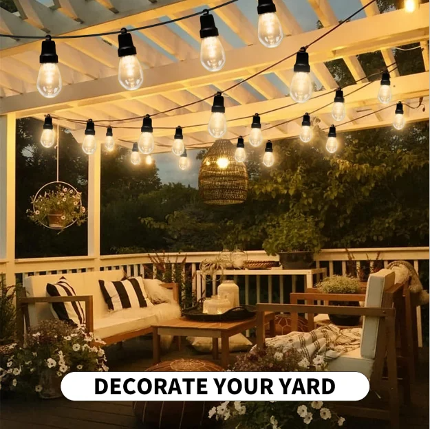 Cozy backyard patio with string lights, wooden seating, and lantern decor at dusk