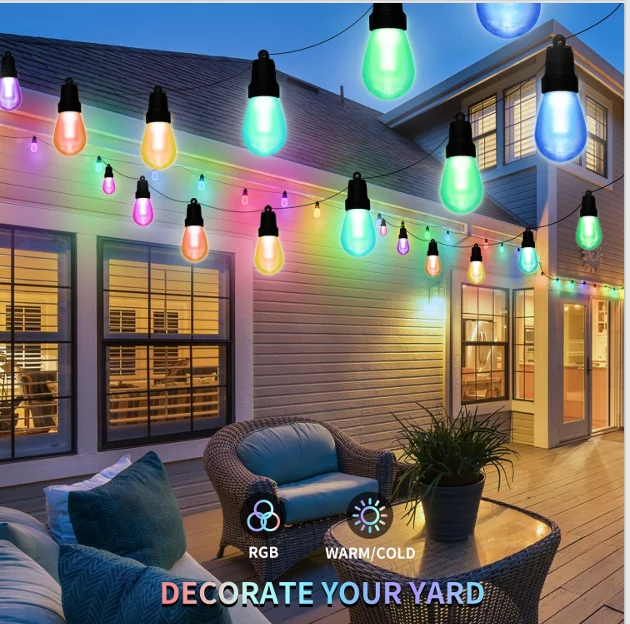 Colorful string lights glowing over a cozy backyard patio at dusk