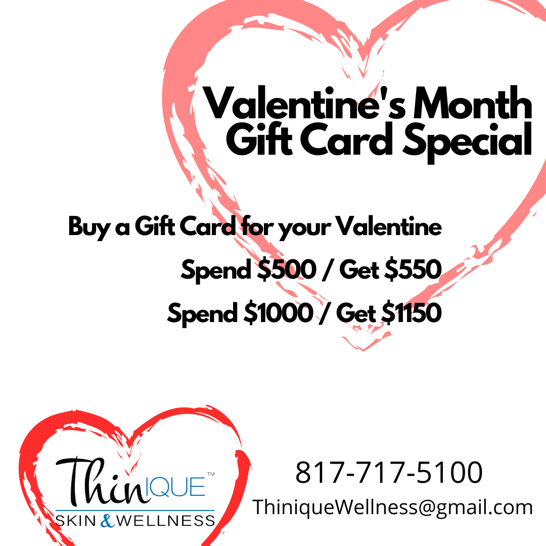 Valentine's gift card promotion: Spend $500 get $550, or spend $1000 get $1150. Red heart graphics. Contact info provided.