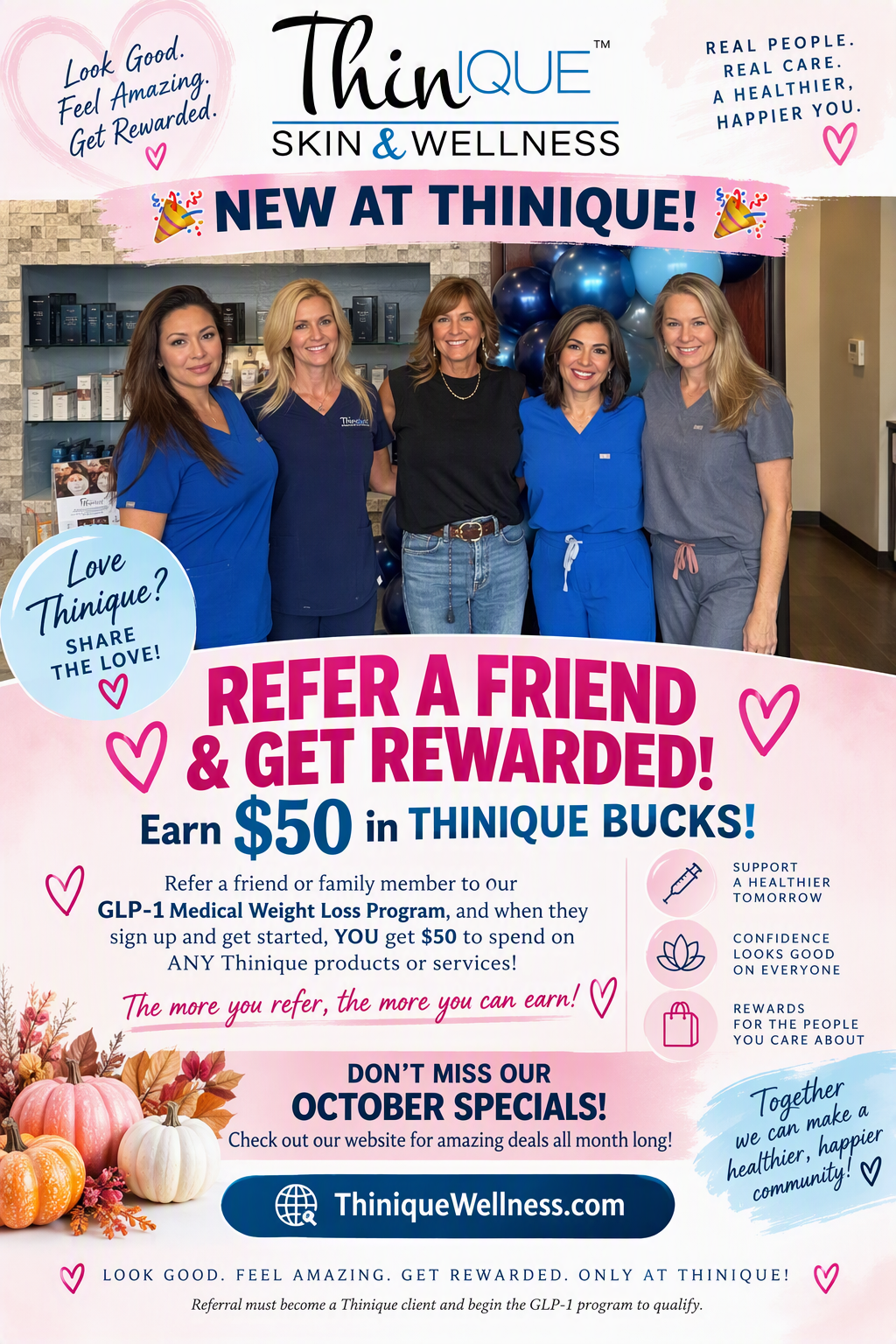 ThinIQUE Skin & Wellness promo with staff photo and “Refer a friend & get rewarded” offer details